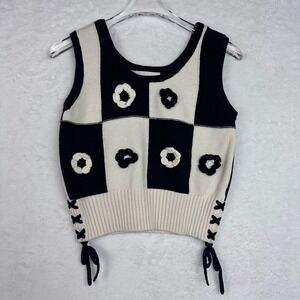 INDUSTRY Black White Checkerboard Floral Applique Knit Vest Tank Top S P‎